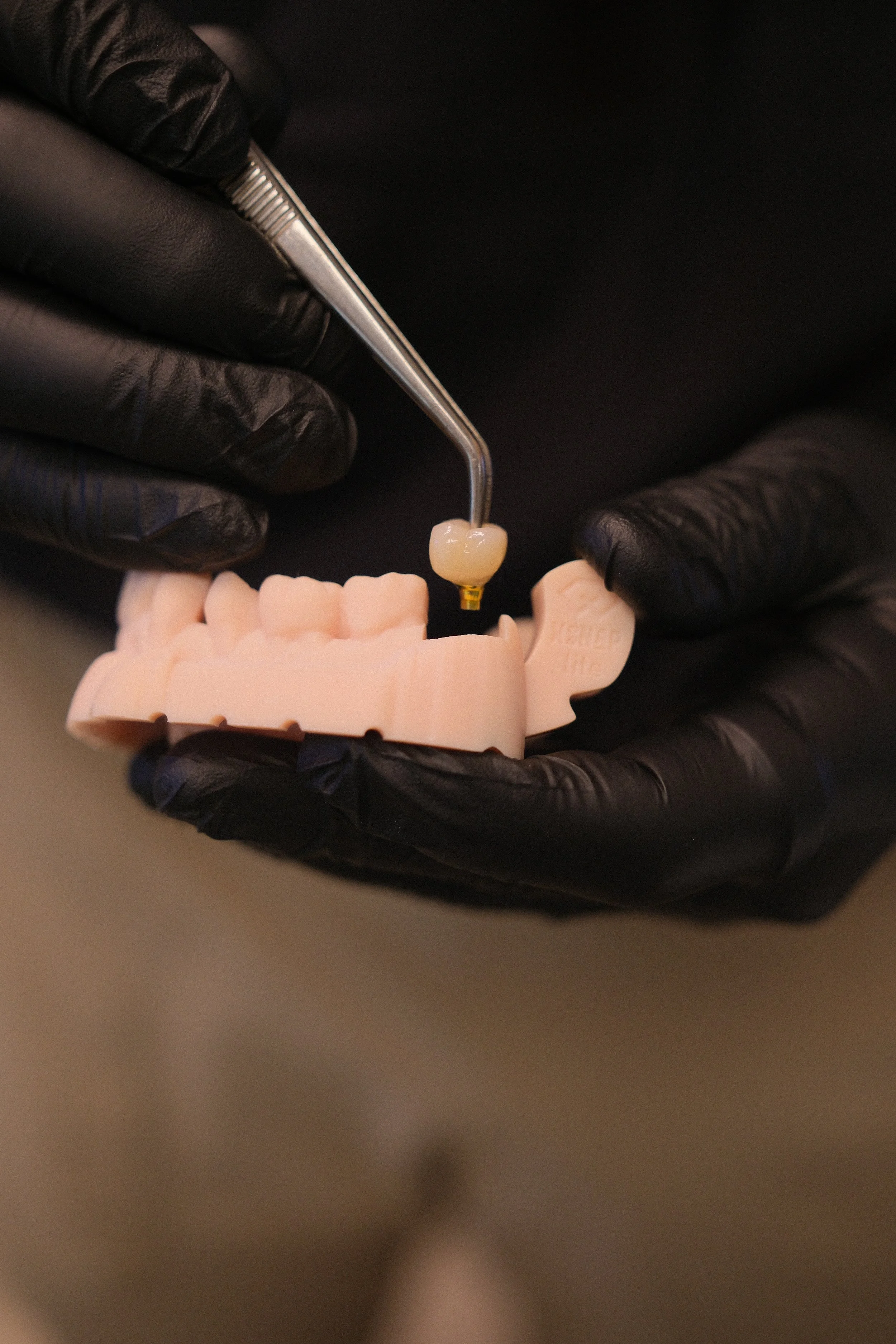 Close-up of a gloved hand holding a dental prosthetic with artificial teeth, using a dental tool.