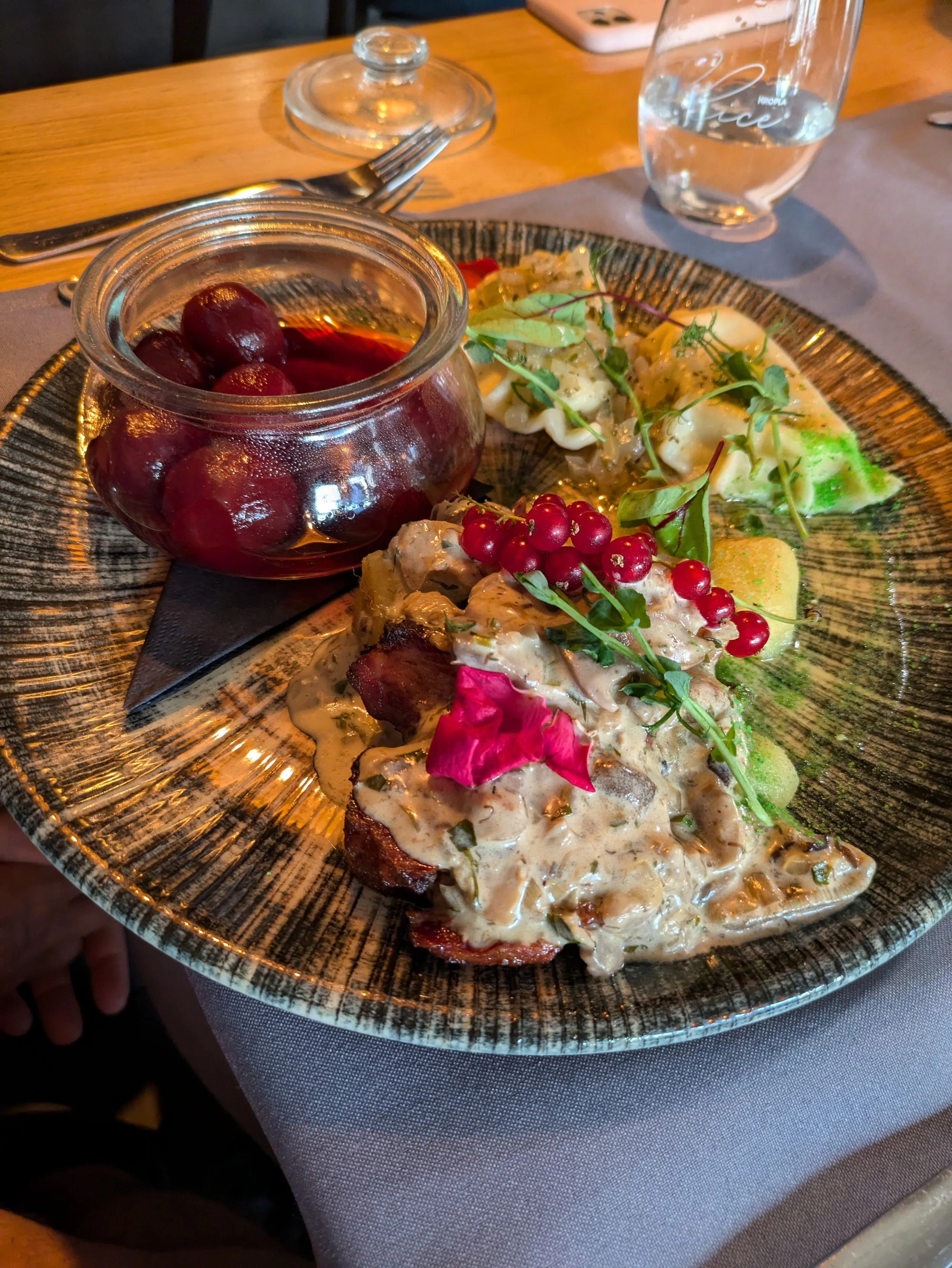 Food tour stop #4 - Main entree (for Grady) was some kind of boar with gravy served with pierogies and pickled beets. I was served fish. Both were yummy.