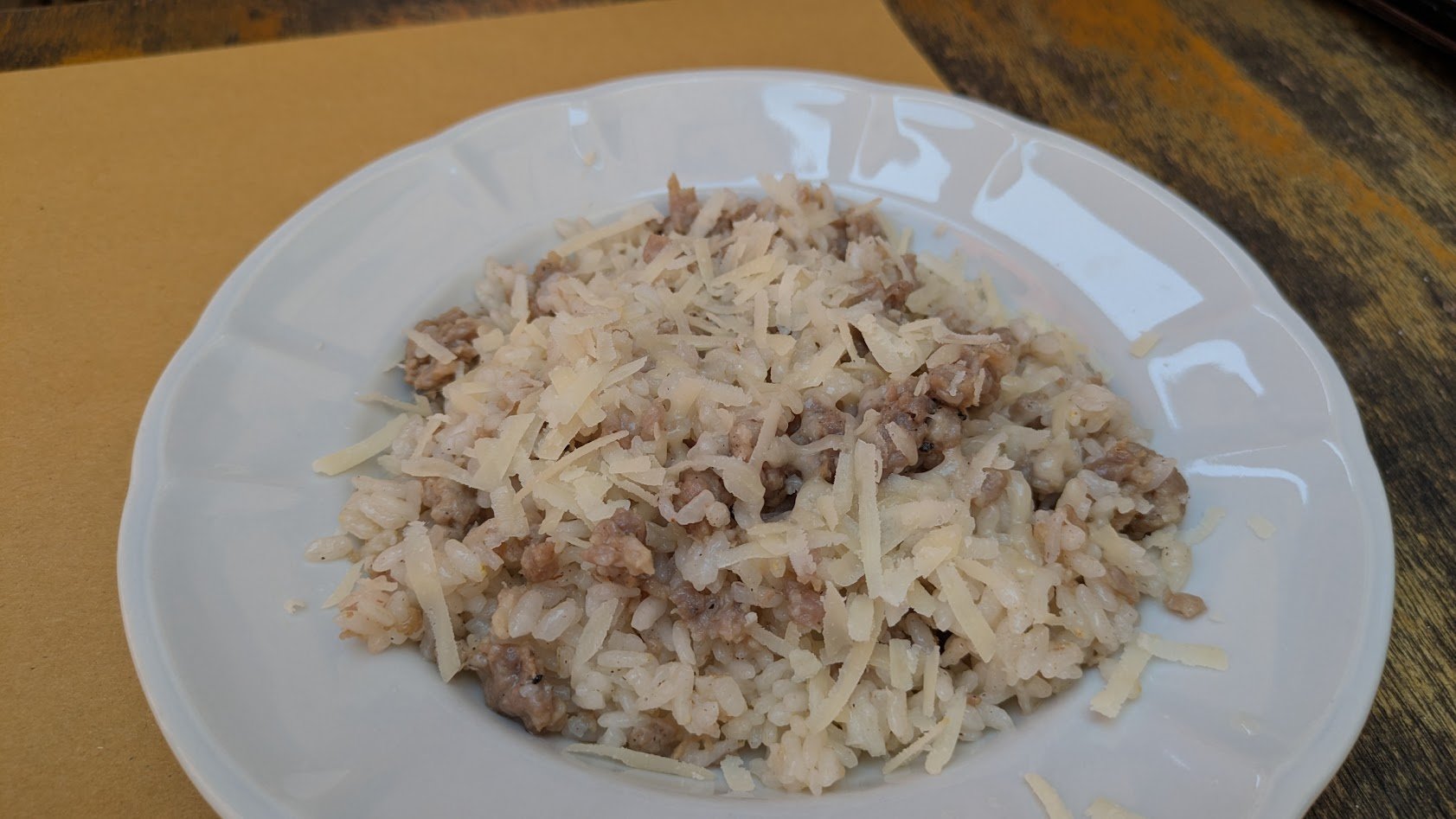 Risotto and Salamella Sausage - Risotto originated in the marshes of Northern Italy and Salamella is a coarsely ground pork sausage also Northern Italy. Grady is loving all the Italian food!