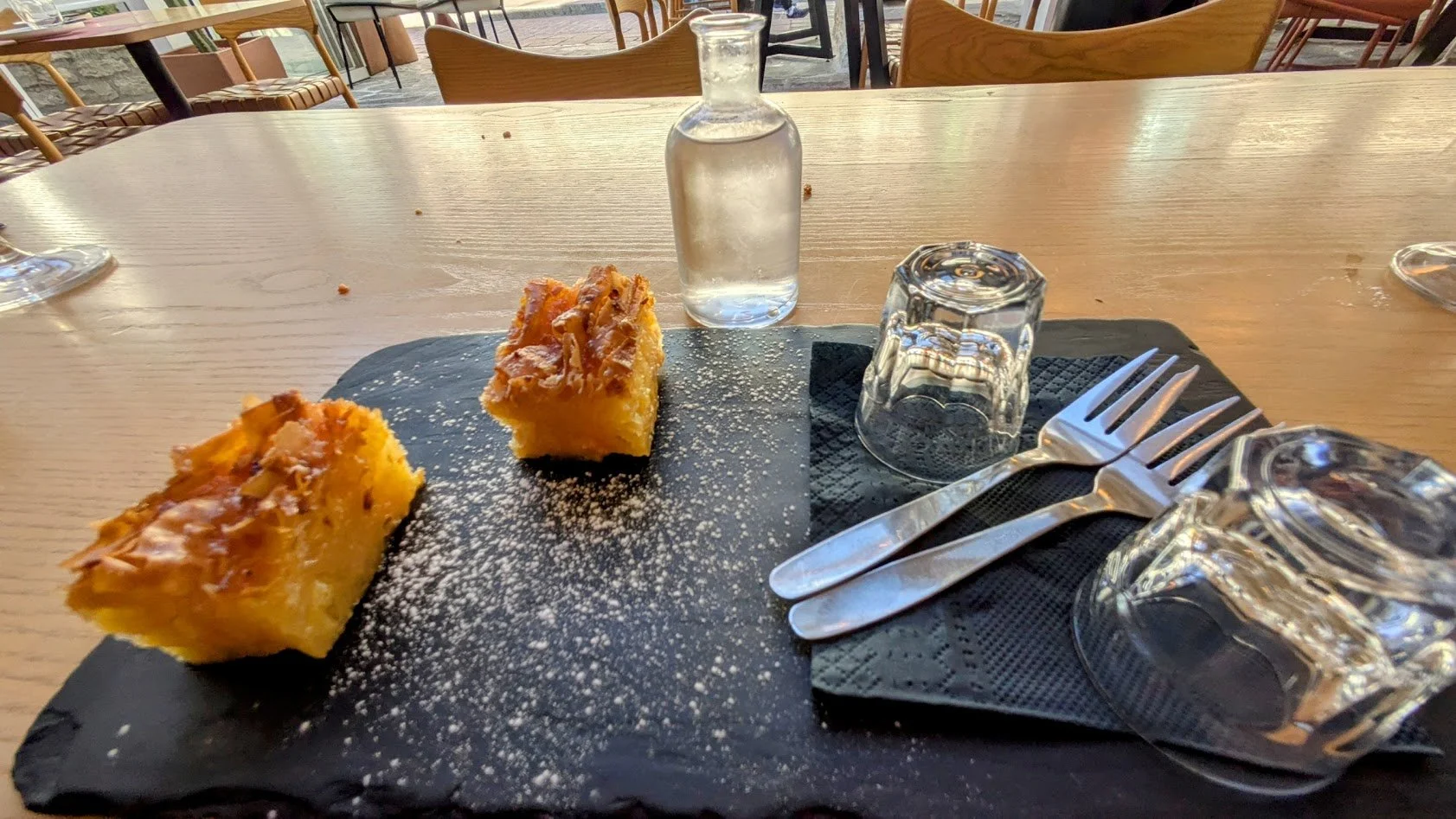Portokalopita - traditional, ultra-moist Greek orange cake made with shredded phyllo dough instead of flour, soaked in a fragrant honey-orange syrup. Yet another free dessert (served with Raki - similar to moonshine!). The dessert was incredible.