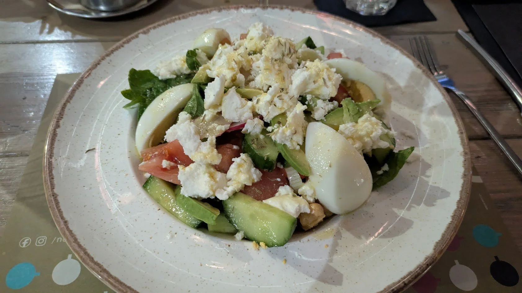 Kritiki Salata - A salad specific to the island of Crete. It features tomatoes, cucumbers, eggs, avocado, olives, potatoes, feta cheese, and soaked barley rusks (which are like really hard bread sticks - I'm not a fan). It is dressed with olive oil a