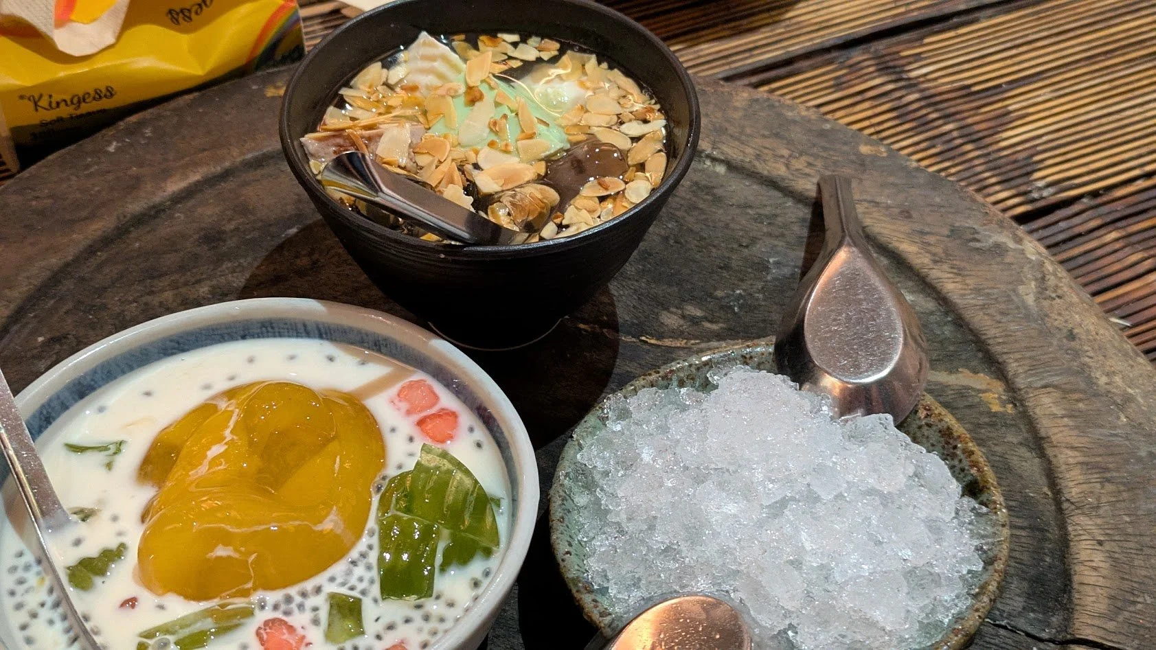 Chè is a traditional Vietnamese dessert served as a sweet soup. It was weird, but really good. It can have a variety of ingredients, including beans, glutinous rice, fruits, tubers, jellies, and tapioca starch, and is sweetened with sugar and served 