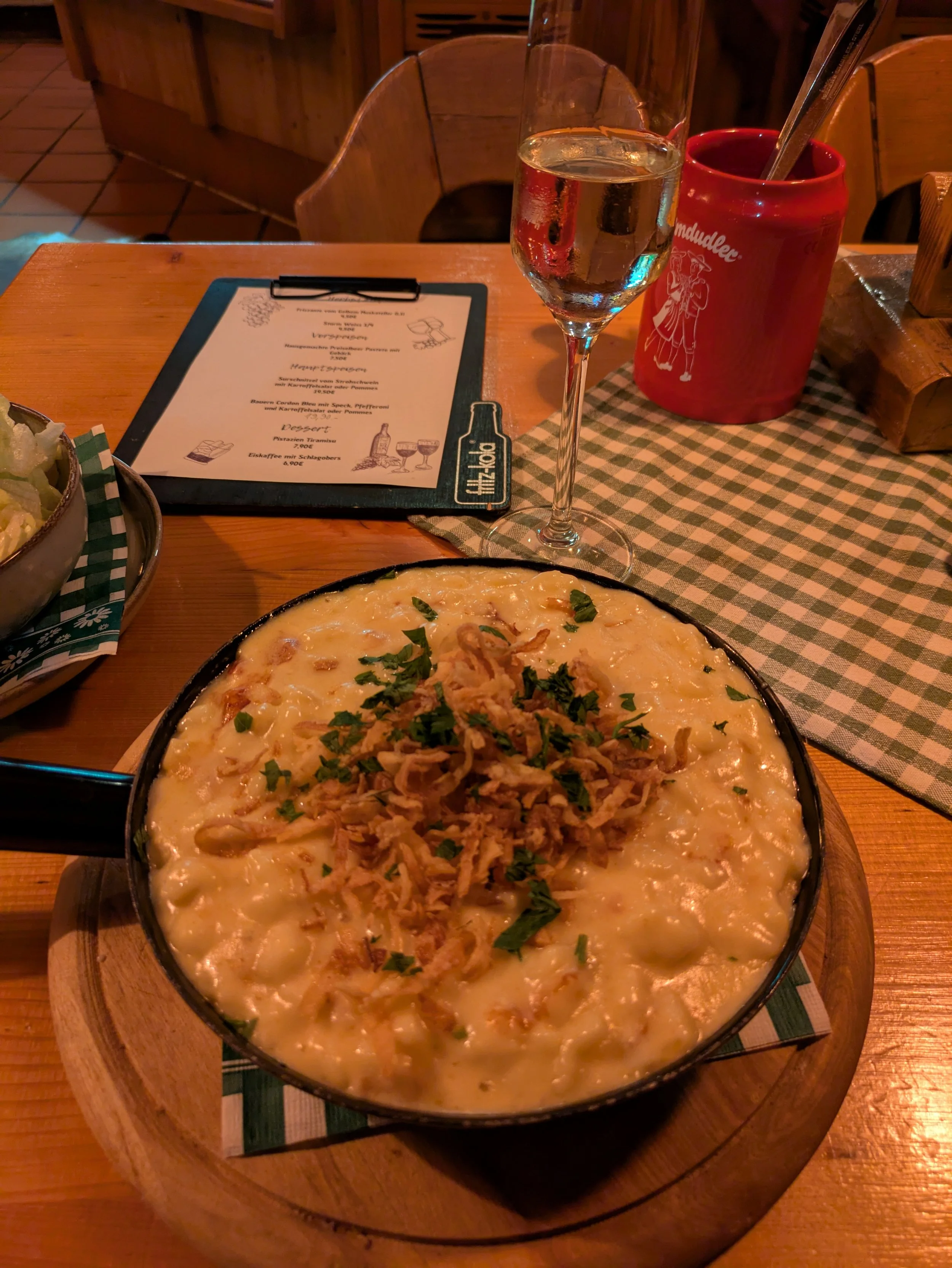 Cheese spaetzl - Basically fancy, really yummy mac and cheese! It's made with homemade egg dumplings (spaetzle), melted cheese, and topped with crispy, caramelized onions. They prepare a soft, dough-like spaetzle and layer it with rich cheeses and a