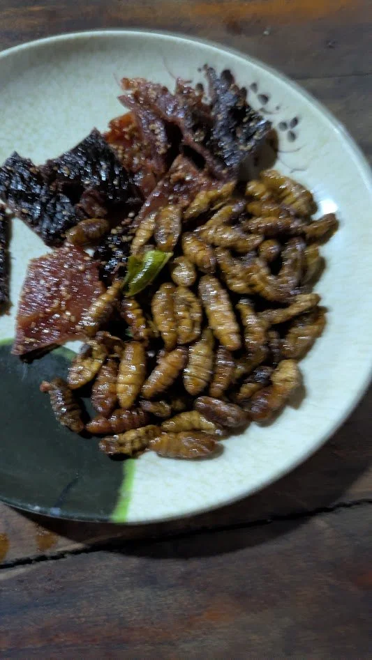 Jerky and Silkworms - One of our food tour stops was the night market. The guide got a variety of foods to share. They are known for their jerky which is slightly sweet and sprinkled with sesame seeds. They also eat fried silkworms (Yuck!). Grady sai