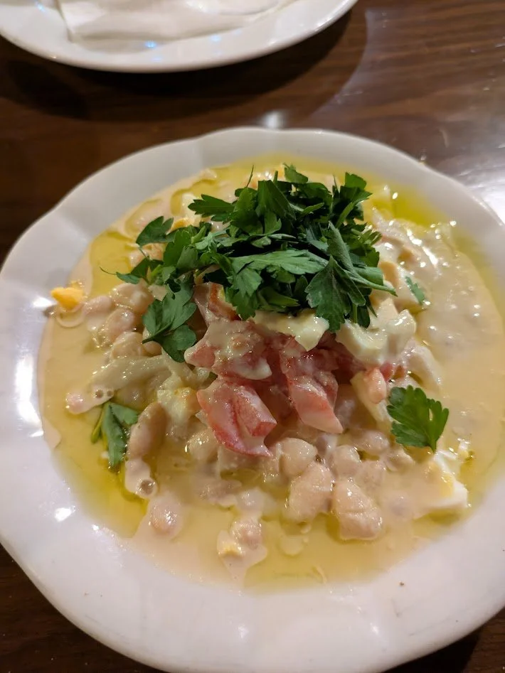 Tahinli piyaz - this was a strange one, but I have to admit it kind of grew on me! It is a bean salad with tahini sesame paste and yogurt sauce topped with tomatoes and parsley.