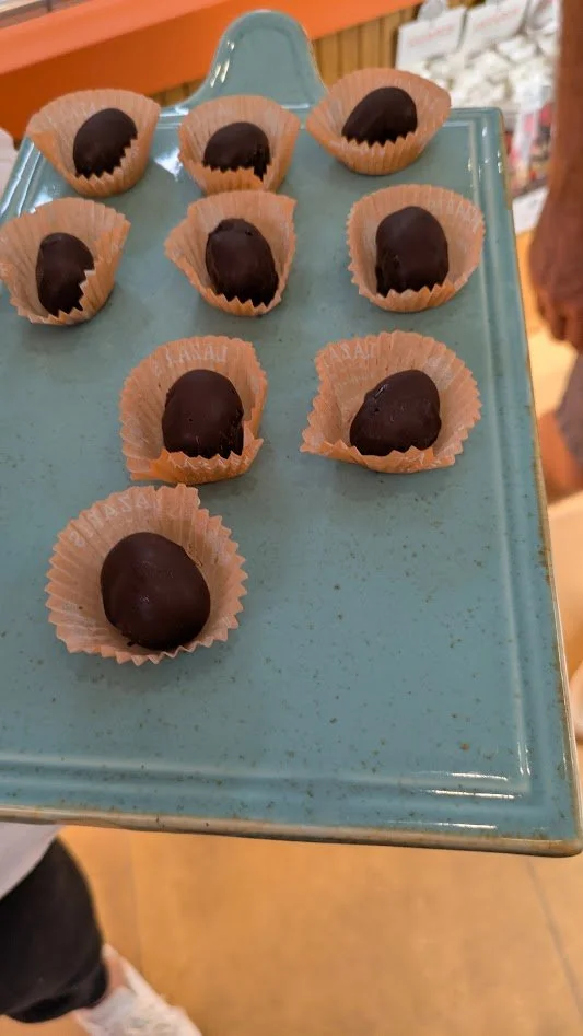 Chocolate-covered kumquats - a specialty  on the island of Corfu, are a candied kumquat fruit coated in dark chocolate. Known locally as a "golden mandarin" treat. I liked them. I'm not sure Grady or Darren were all excited about them. 