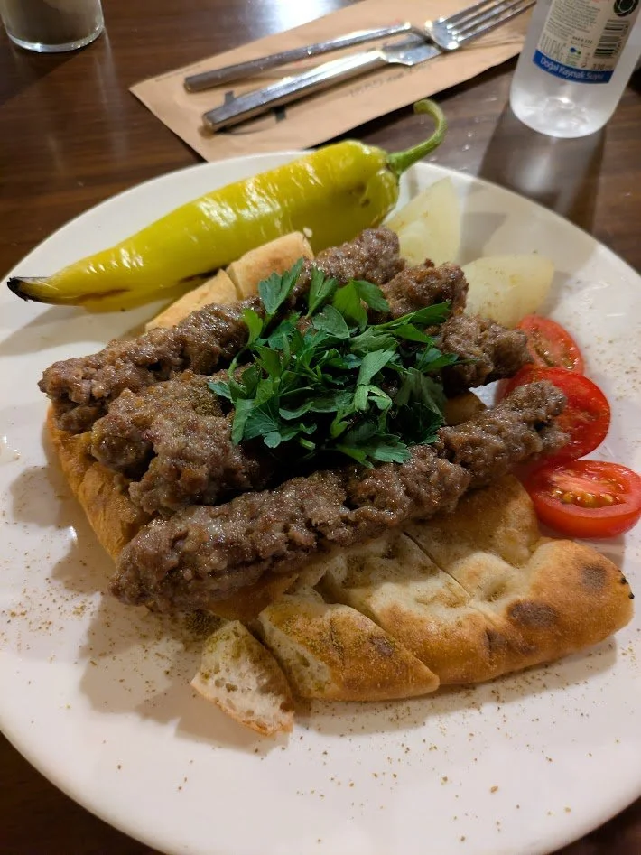 Sis kofte - Basically meatballs made of lamb and beef (we hope!) and spices, served on pieces of pita. This is what A LOT of main courses in Turkey look like!