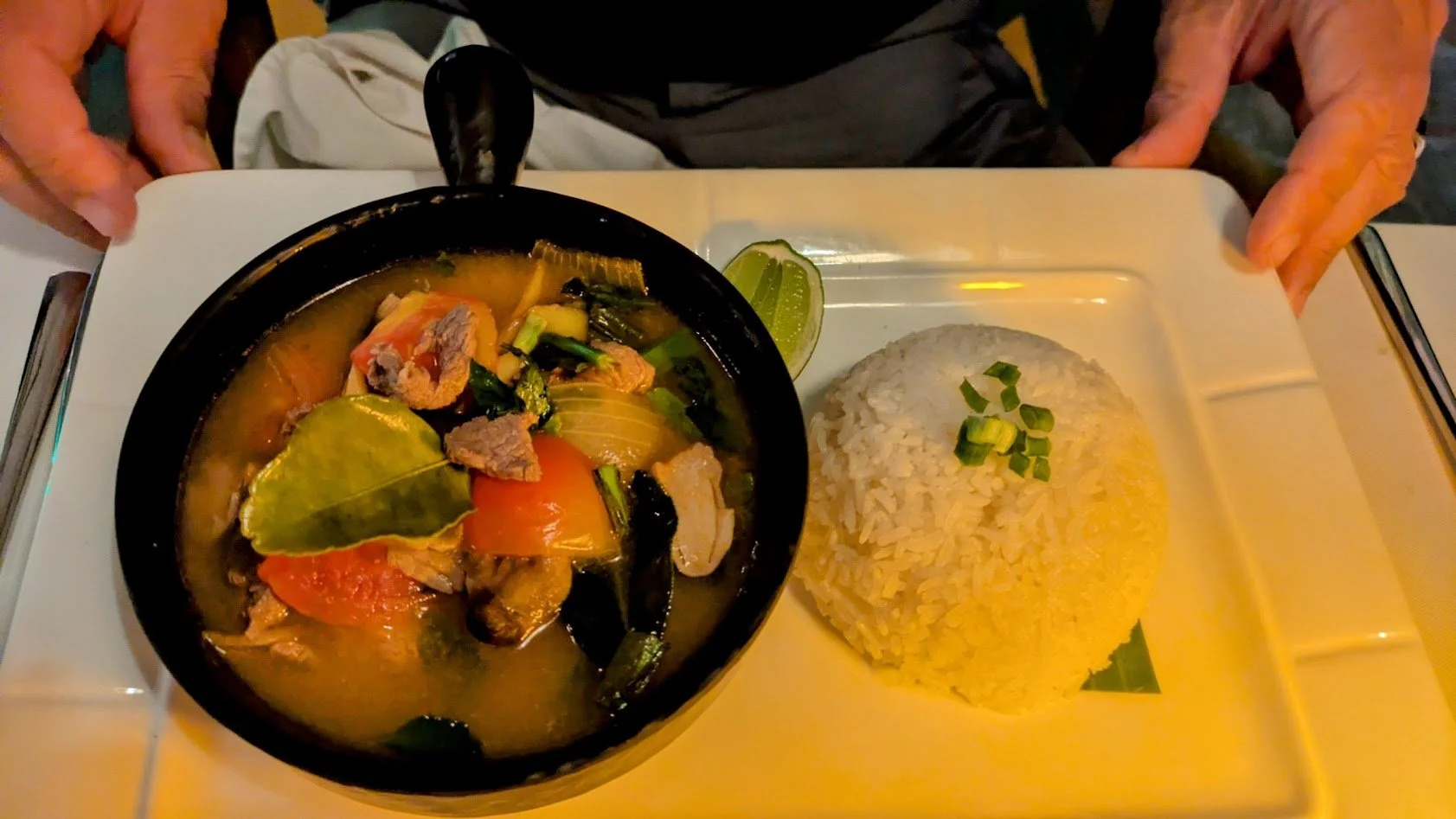 Tom Yam Soup - Traditional dish made with shrimp, beef, or chicken with onions, tomatoes, mushrooms, and lemongrass. It is characterized by its bold hot and sour flavors. Grady loved it.