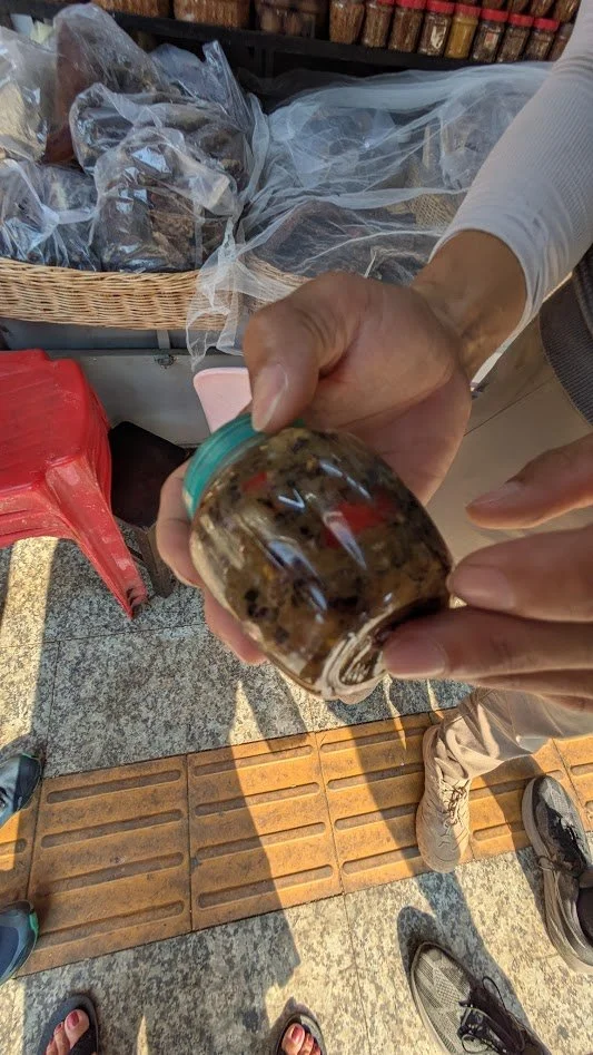 Fish Paste (Prahok) - made from crushed, salted, freshwater fish that are dried in the sun and fermented in jars for several months. Not sure what other ingredients are in it, but we do know that there are red ants in it! It serves as a foundational 