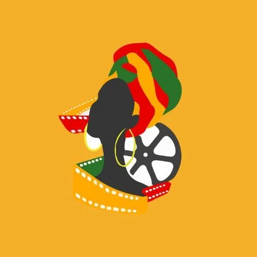 Desenho estilizado de uma mulher com cabelo preto, cercada por rolos de filme e cestas de pipoca, sobre fundo amarelo.