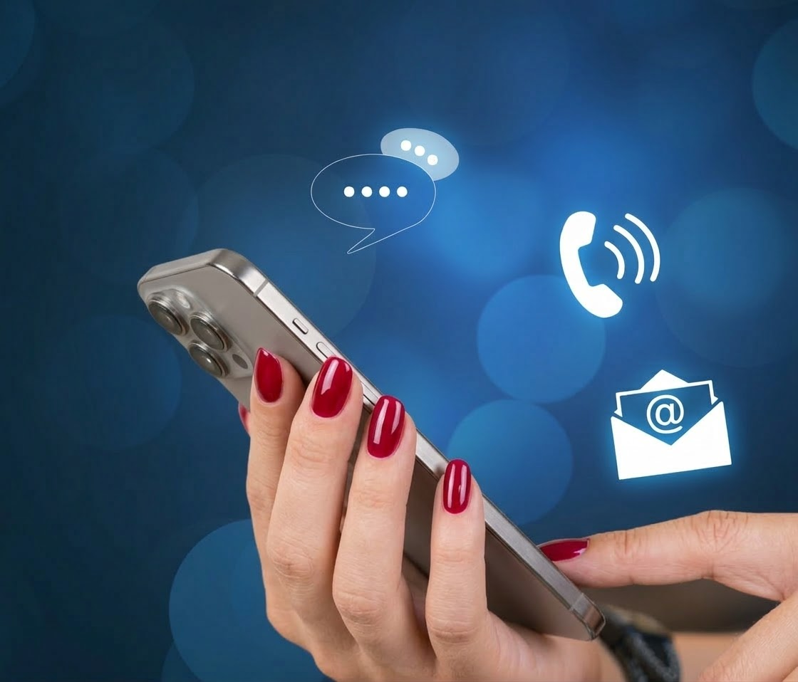 Close-up of a woman with red nails holding a smartphone with digital icons of a chat bubble, phone, and email around it.