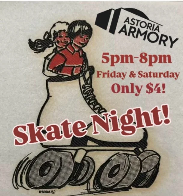 It&rsquo;s Skate Night! Come roll around with us. Music! Lights! Friends! It&rsquo;s a pretty fun time. Both nights this weekend, 5-8pm, $4 entry.
🛼🛼🪩✨👯&zwj;♂️
