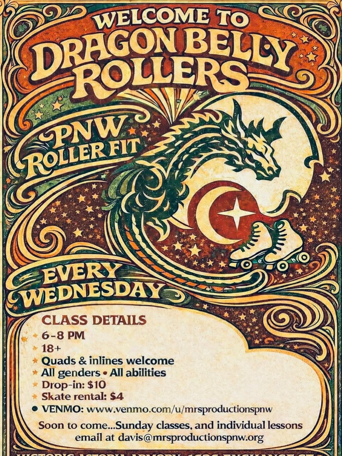 It&rsquo;s more than a fitness class. It&rsquo;s a movement. Dragon Belly Rollers PNW Roller Fit meets every Wednesday night @astoriaarmory. Tonight! Festive attire encouraged! 
🛼🛼🐉✨
@dragonbellyrollerspnwrollerfit
@kellybrittdavis
#rollerskate #r