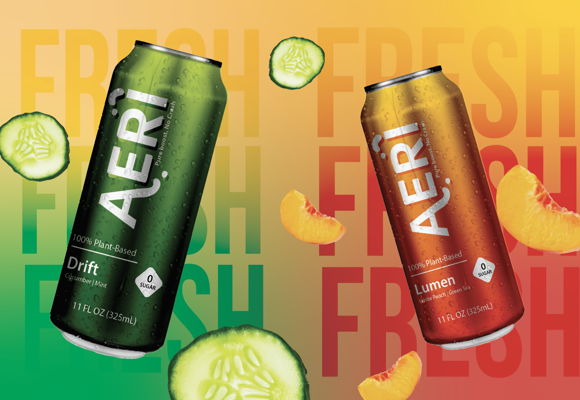 Two cans of Aero plant-based sparkling water, one labeled Drift with cucumber and mint flavor and the other labeled Lumen with white peach and green tea flavor, surrounded by slices of cucumber, peach, and green tea flavor drops, with a colorful gradient background and the word "FRESH" repeatedly in the background.