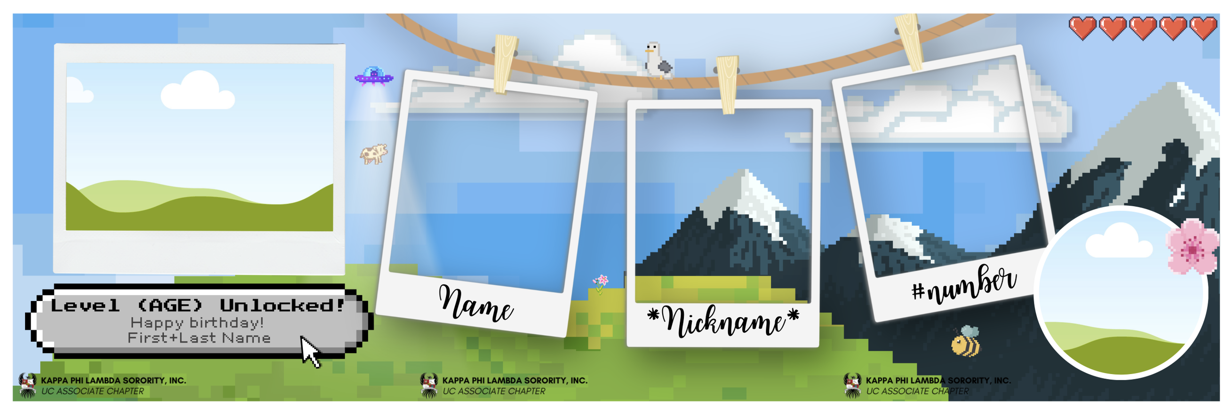 A pixel art digital collage with three Polaroid-style photo frames hanging on a clothesline. The first frame shows a green landscape with a blue sky and clouds. The second and third frames show a mountain with snow at the peak. The collage includes pixelated graphics of clouds, mountains, a bird, a bee, and a cherry blossom. There is also a congratulatory message stating 'Level (AGE) Unlocked! Happy birthday! First+Last Name', and spaces for a name, nickname, and number. The background is sky blue with pixel clouds, and the bottom features a green pixelated grass with logos of Kappa Phi Lambda Sorority, Inc., UC Associate Chapter.