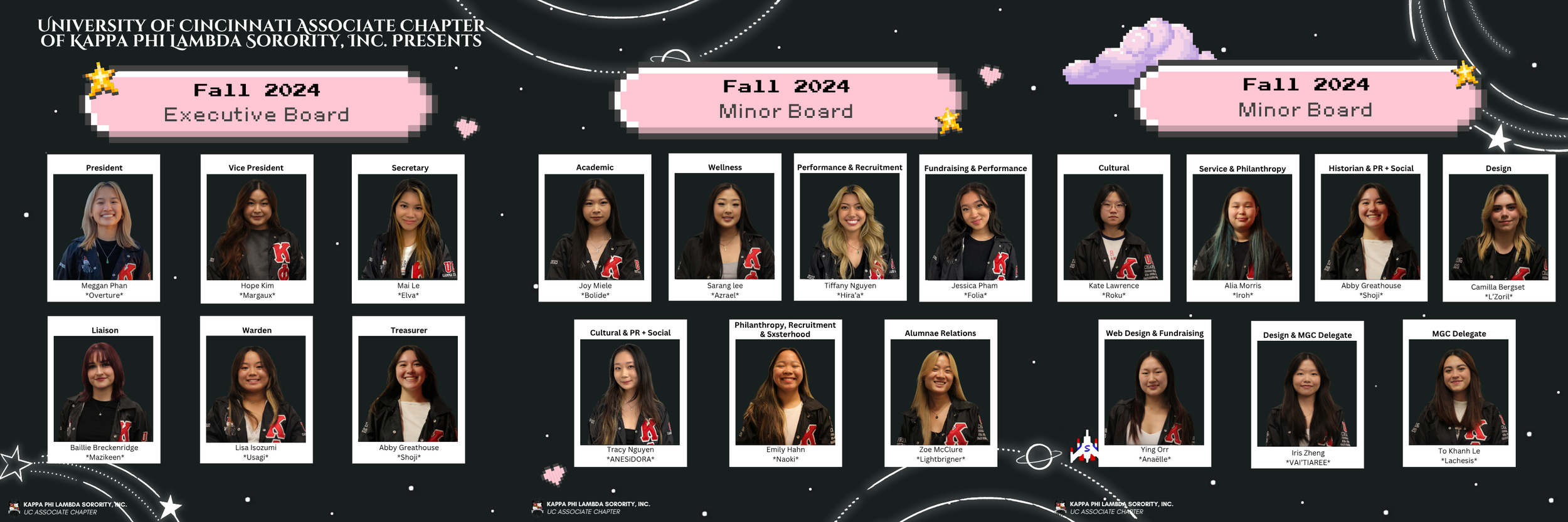 Digital graphic displaying the 2024 Executive and Minor Boards for Kappa Phi Lambda Sorority, Inc., UC Cincinnati Associate Chapter, with members' photos and titles in a space-themed design.
