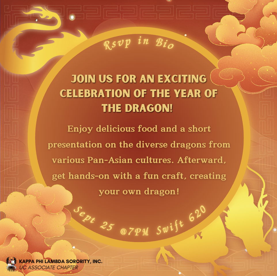 Invitation to a celebration of the Year of the Dragon with a dragon illustration, clouds, and event details including date, time, and location.