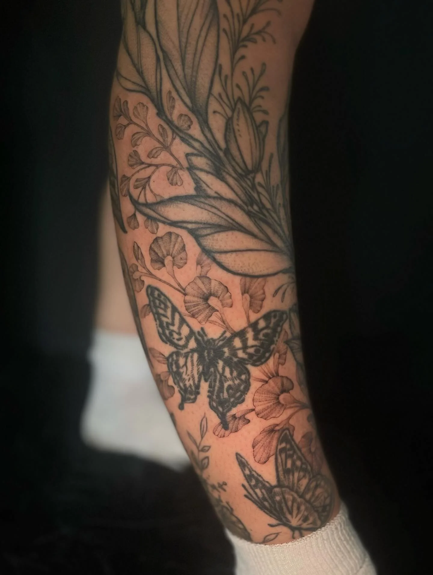 Some fresh freehand (swipe to see the drawing!) and some healed background. All background work (lighter grey), elbow, foxglove, bee, ferns done by me. Foreground (all of the main vines, butterflies, and the bird/mushies) NOT done by me! These additi