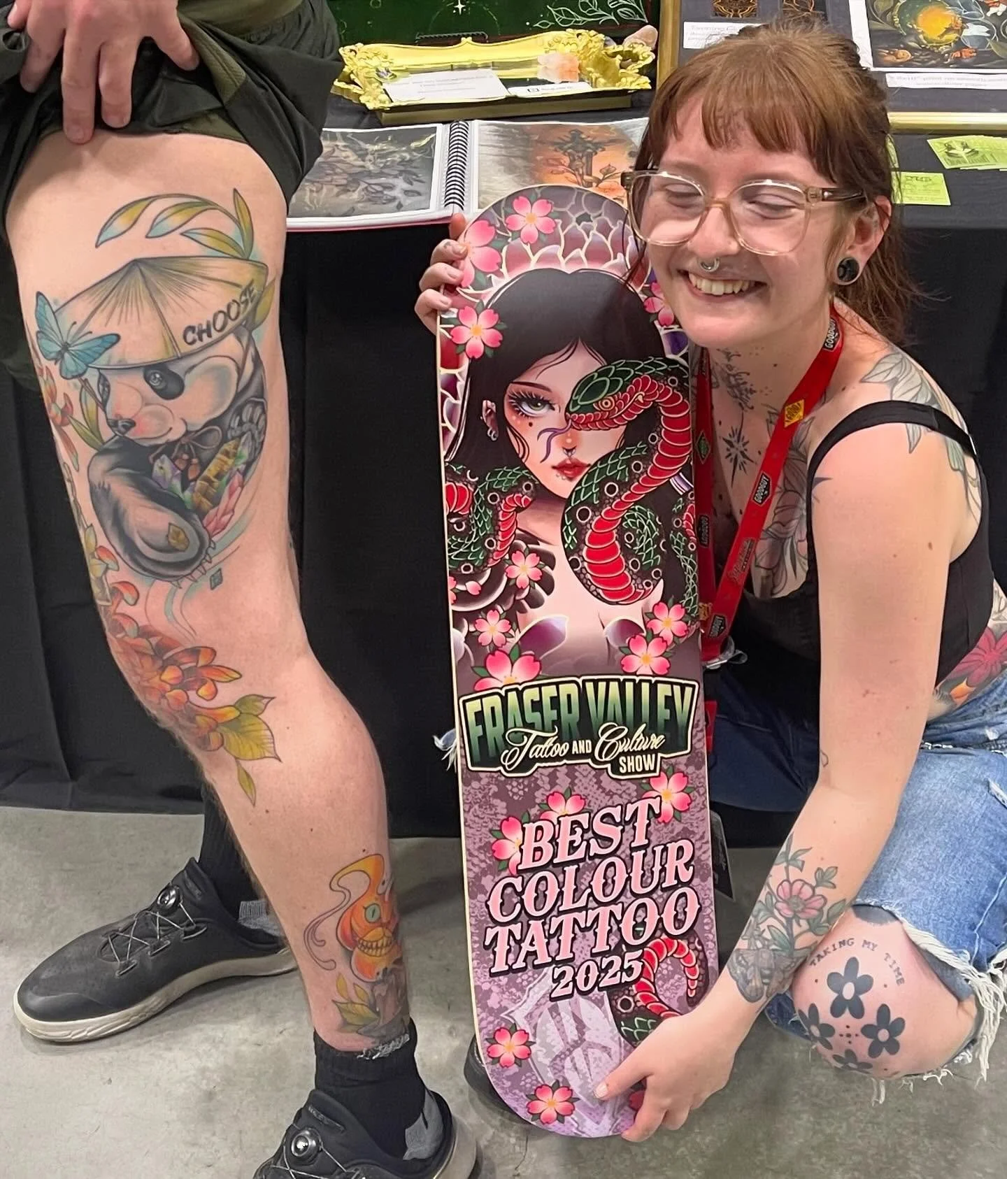 What a weekend at the @vancouvertattooshow 🌸 I had so much fun and am so honoured to bring home my first ever award in tattooing for Best Colour Tattoo. Thank you Bryce for asking me for this panda and for being so trusting with all of my designs an