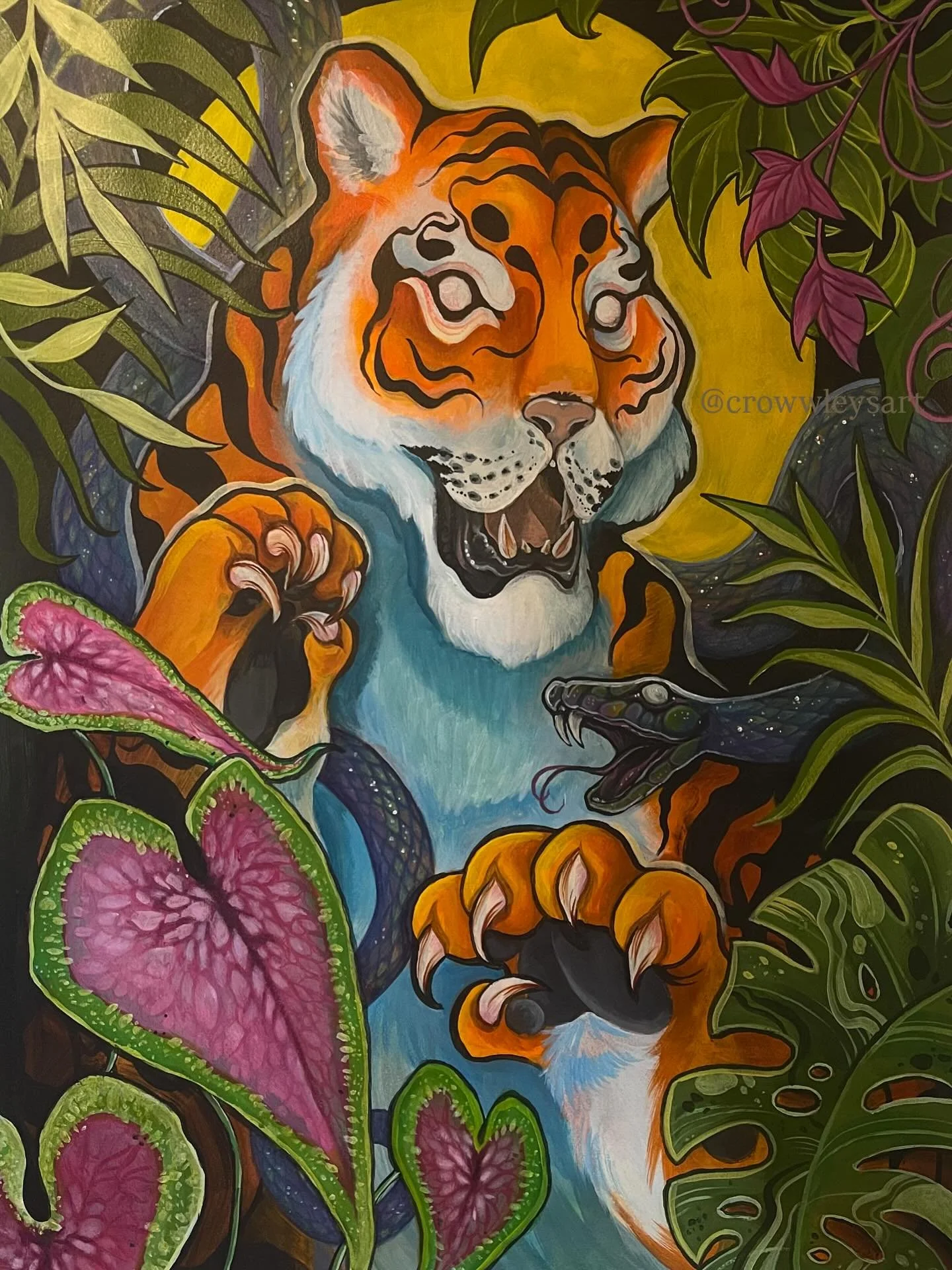 Another big kitty 🐯 because how could you not love them? Acrylic and coloured pencil on Arches paper 22x30” finally finished! Unironically called “tiger with snake allergy” #acrylicpaint #acrylic #acrylicpainting #colouredpencil #a