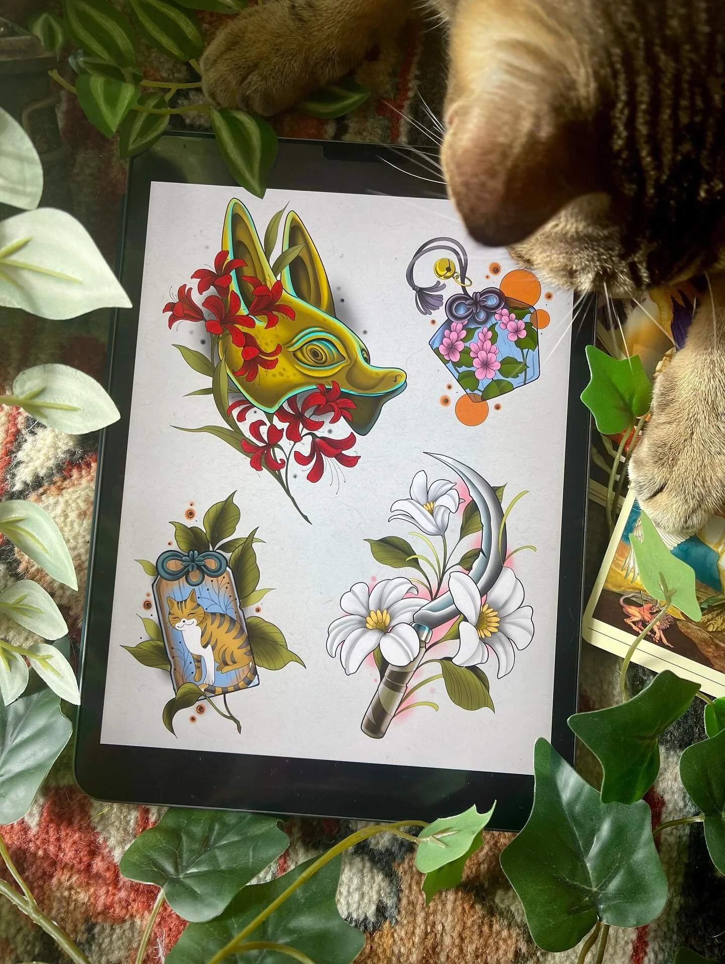 Halloween flash day drop including a little Benki sneaking into my pics. I have here for you all to feast upon: an entire Silent Hill F themed sheet of predrawn designs! 
HALLOWEEN FLASH DAY BOOKING (FRIDAY THE 31st) EMAIL/INQUIRY FORM (on website c
