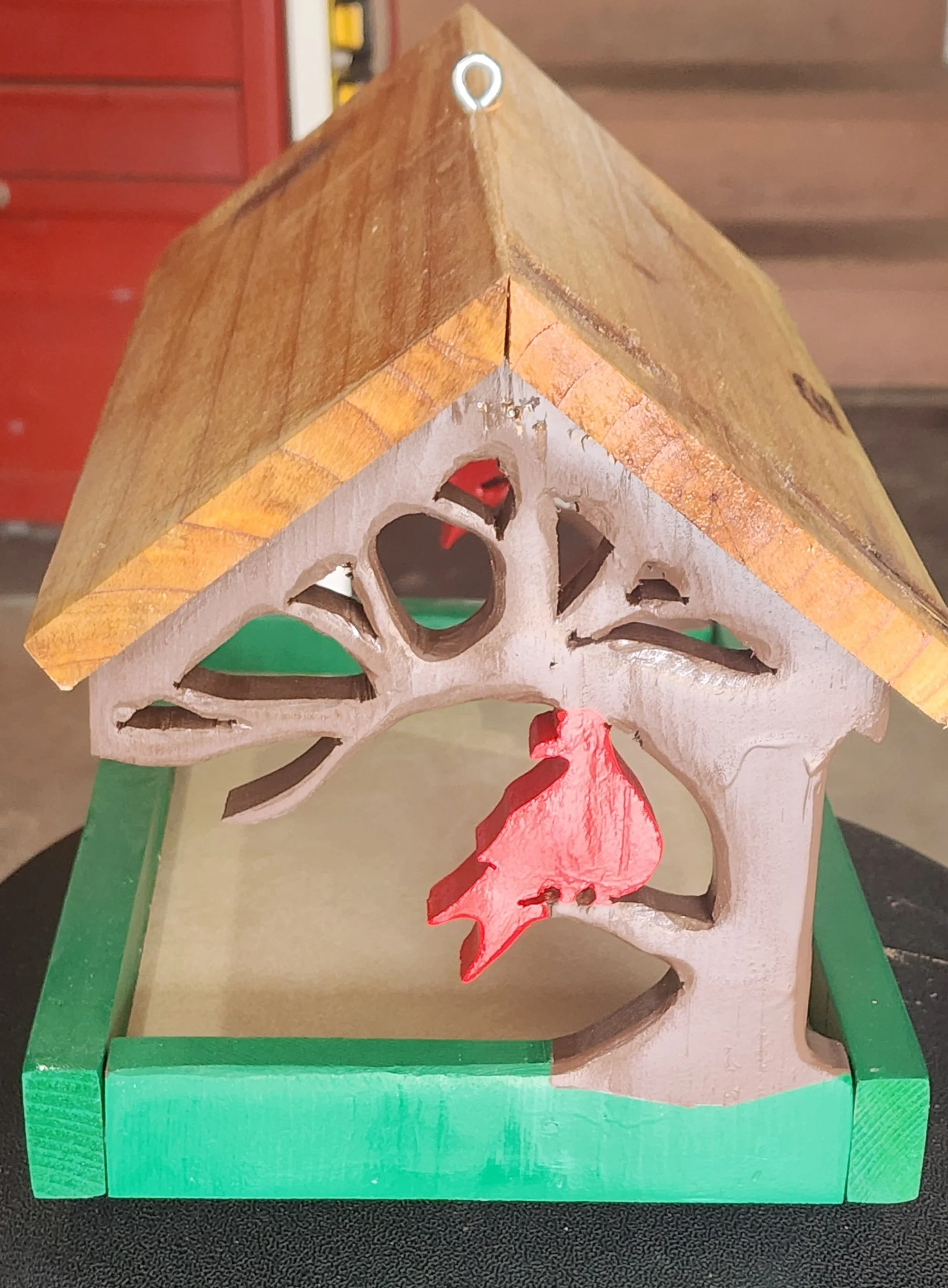 Handcrafted Rustic Birdhouse with Red Bird Accent