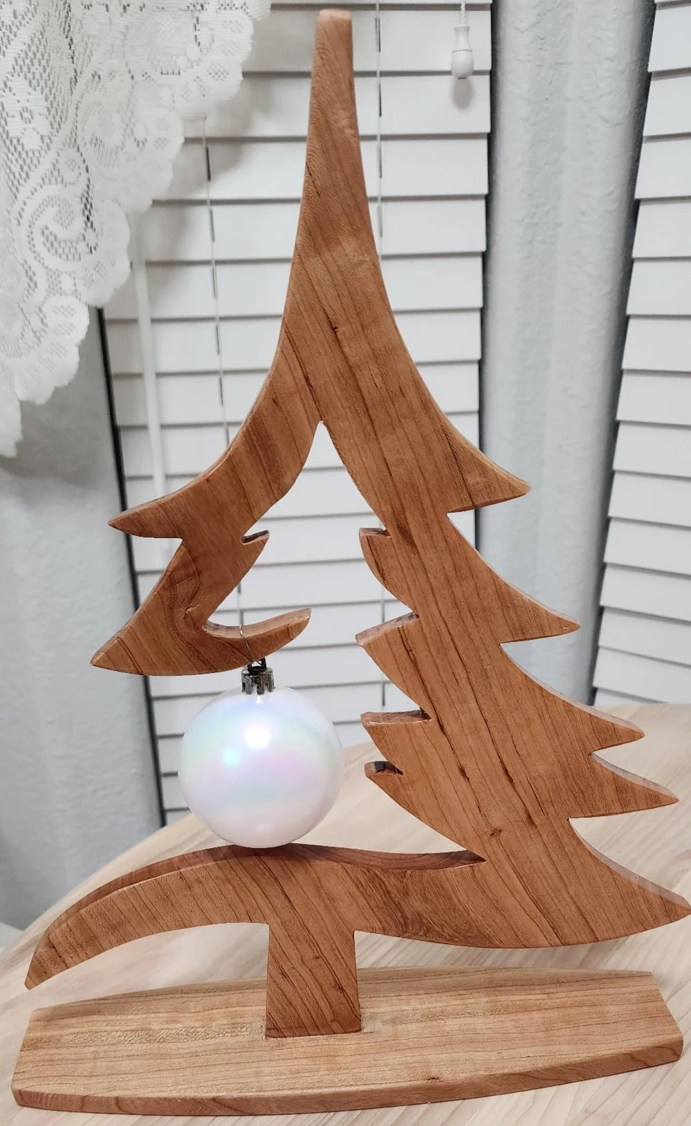 Handcrafted Wooden Tree Ornament with Iridescent Bauble