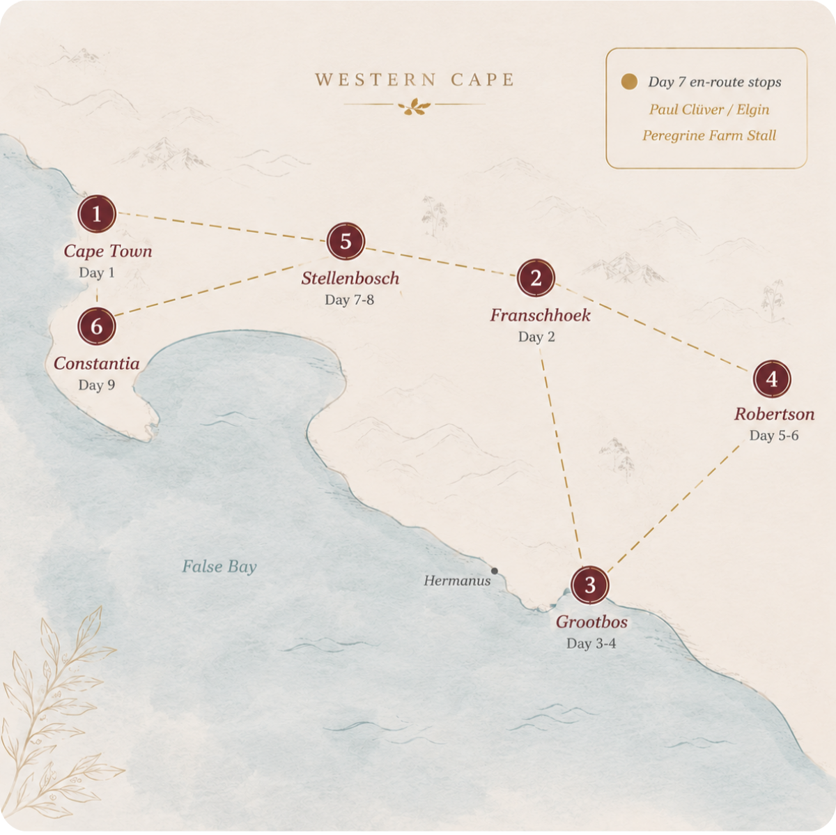 Map showing The Wine Edit journey through South Africa’s Cape Winelands including Cape Town, Franschhoek, Robertson, Stellenbosch, Grootbos, and Constantia