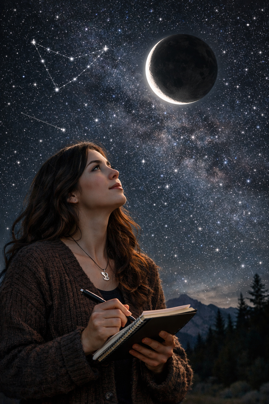 woman looking up at the new moon  with capricorn constellation, while writing down in a journal