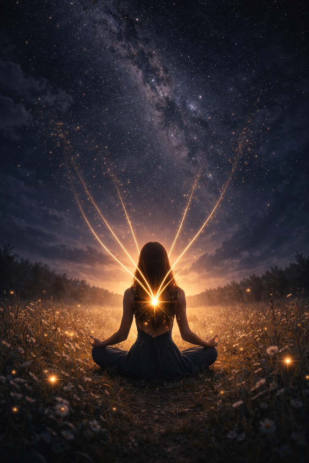 woman sitting in field at night with golden cords shining through her heart center.