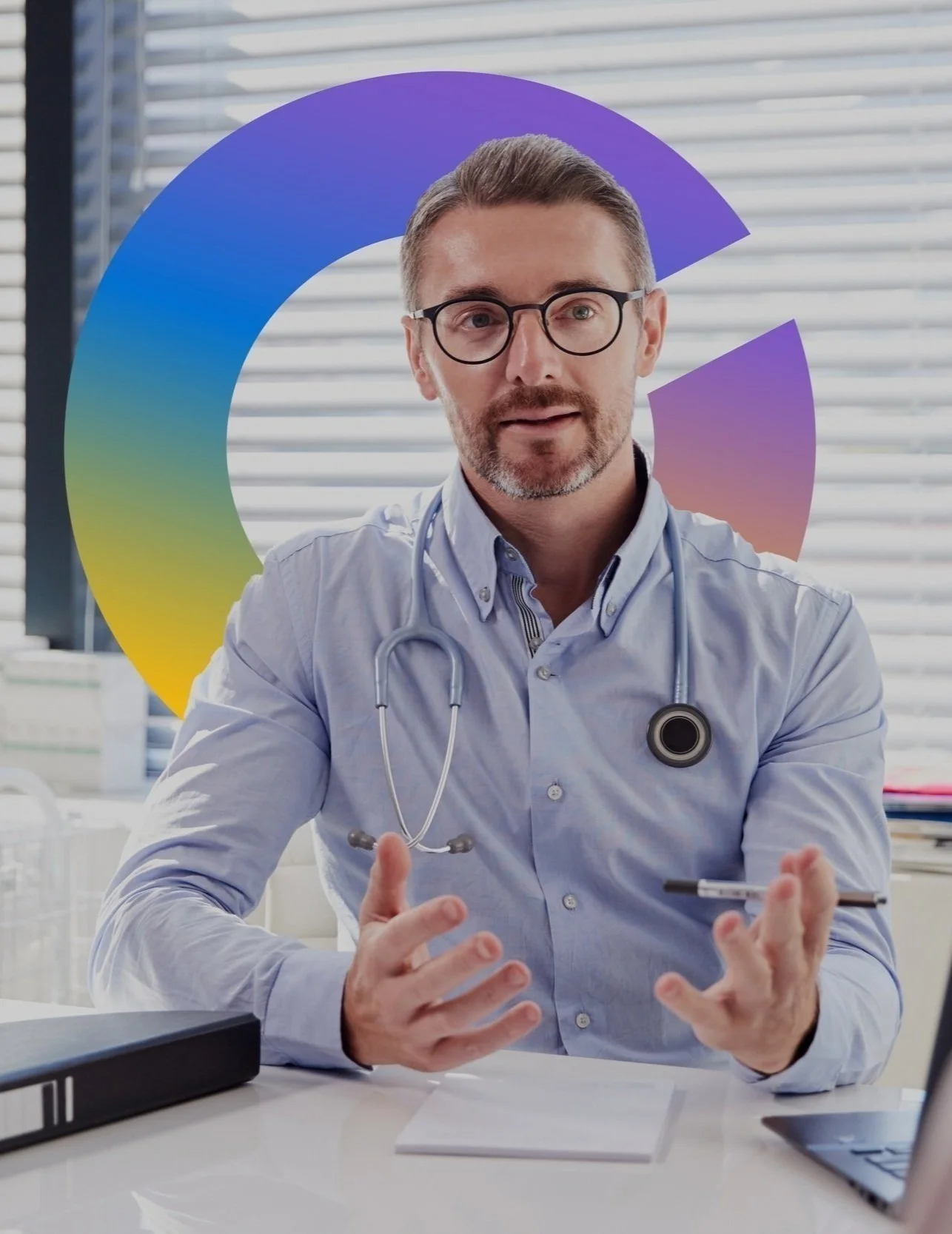 A male doctor with glasses and a stethoscope around his neck sitting at a desk, gesturing with his hands, with a colorful circular graphic behind him.