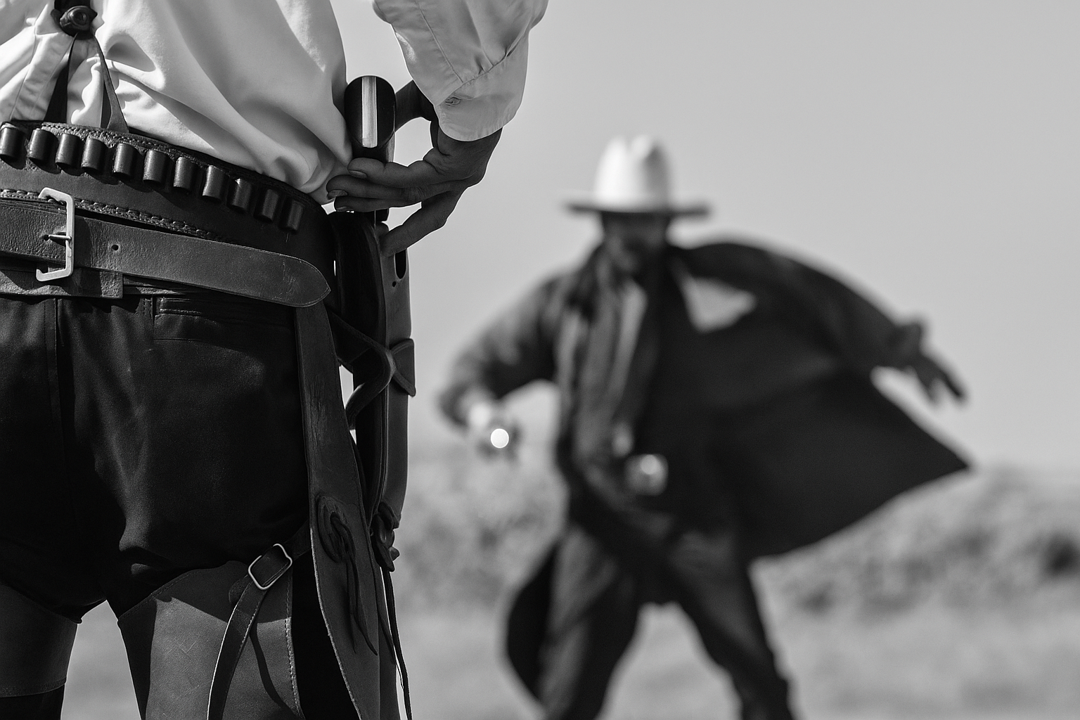 A cowboy with a gun holstered at his side in the foreground, and another cowboy in the background holding a gun, both wearing cowboy hats.