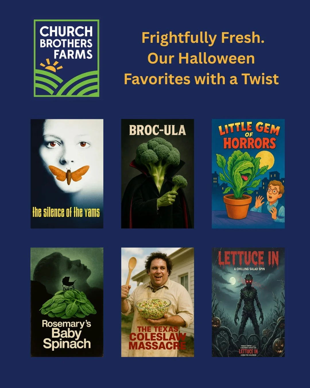 🎃 Coming soon to a produce aisle near you... our most terrifying lineup yet.
Which vegetable horror flick are you screening first? Drop your pick in the comments! 👇
#ChurchBrothers #Horrormovies