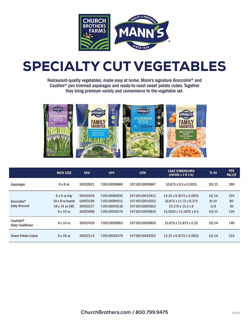 Church Brothers Farms and Mann's Specialty Cut Vegetables Sell Sheet