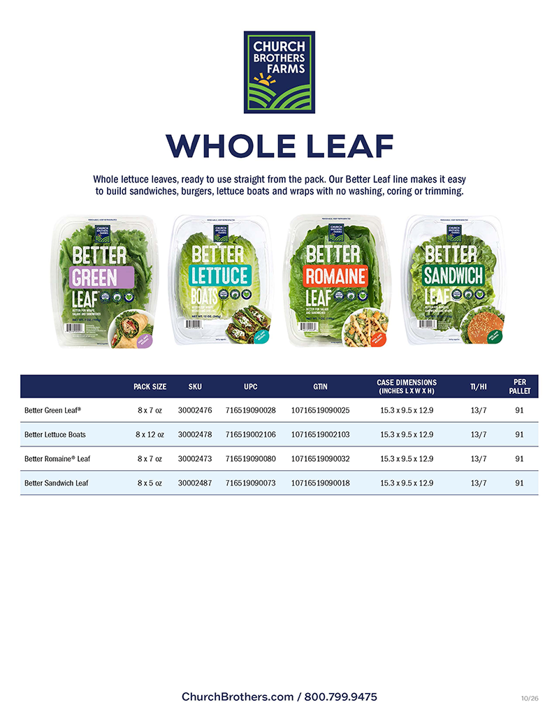 Church Brothers Farms Whole Leaf Retail Product Sell Sheet