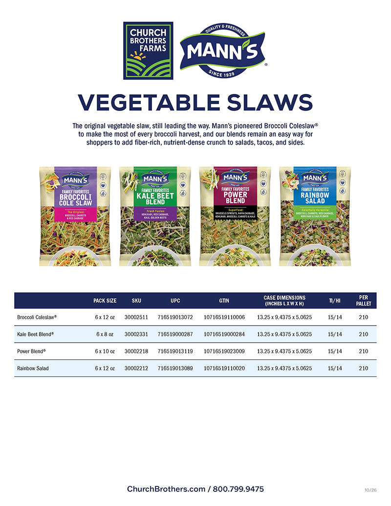 Church Brothers Farms and Mann's Packing  Vegetable Slaws Sell Sheet