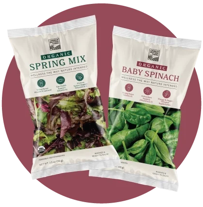 Church Brothers Farms Organic Spring Mix and Organic Baby Spinach bags.