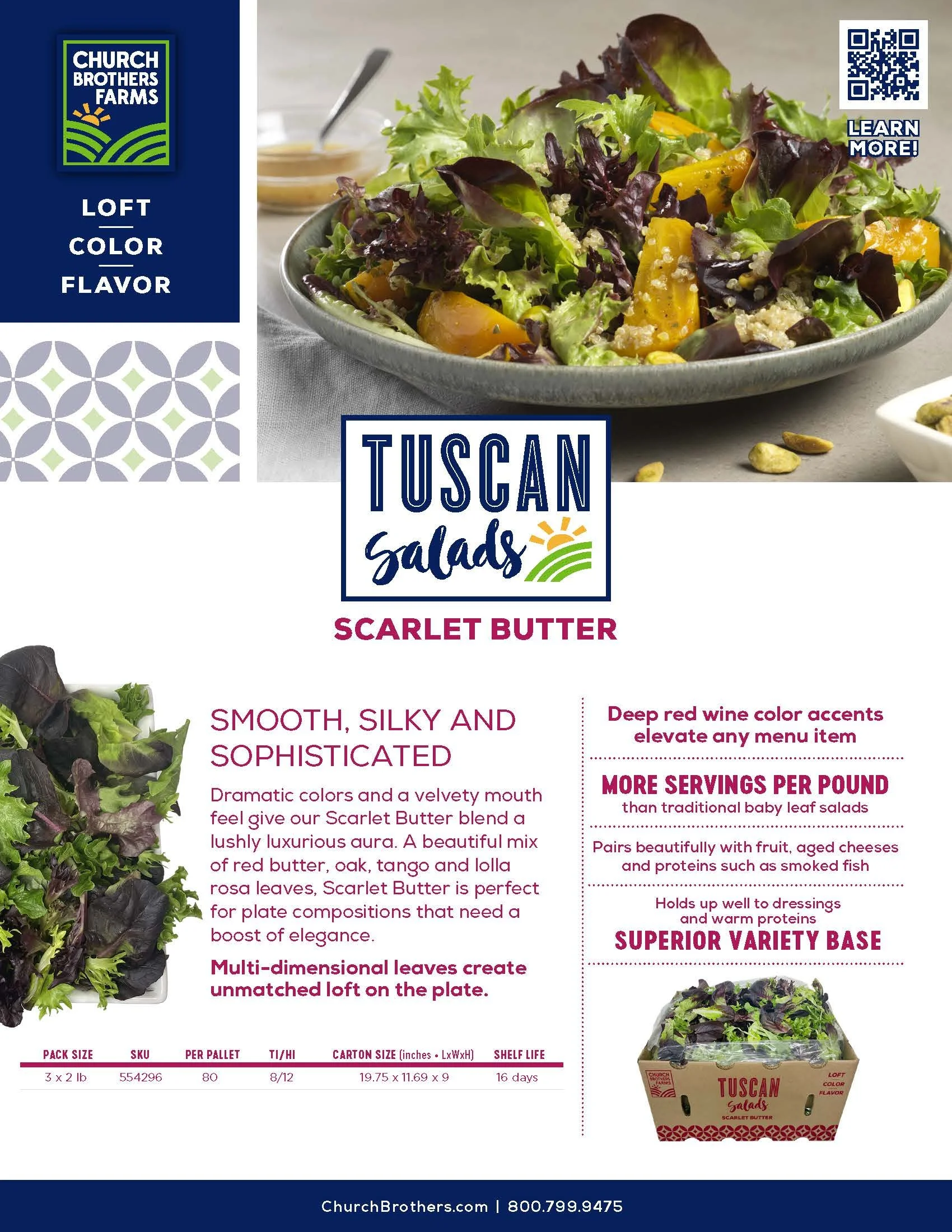 Packaging for Church Brothers Farms Tuscan Salad with Scarlet Butter, featuring an image of a salad with mixed greens and yellow tomatoes, and text describing the product's flavor and features.
