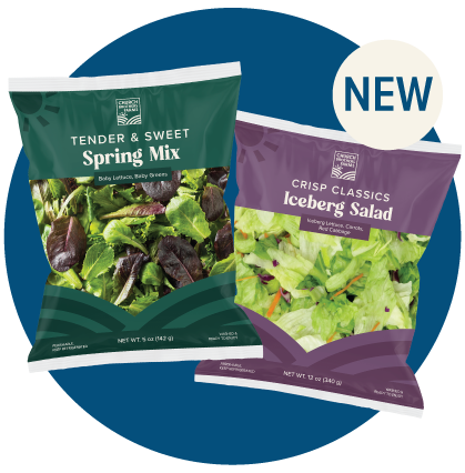 Church Brothers Farms Spring Mix and Iceberg Lettuce bags on a blue circle.