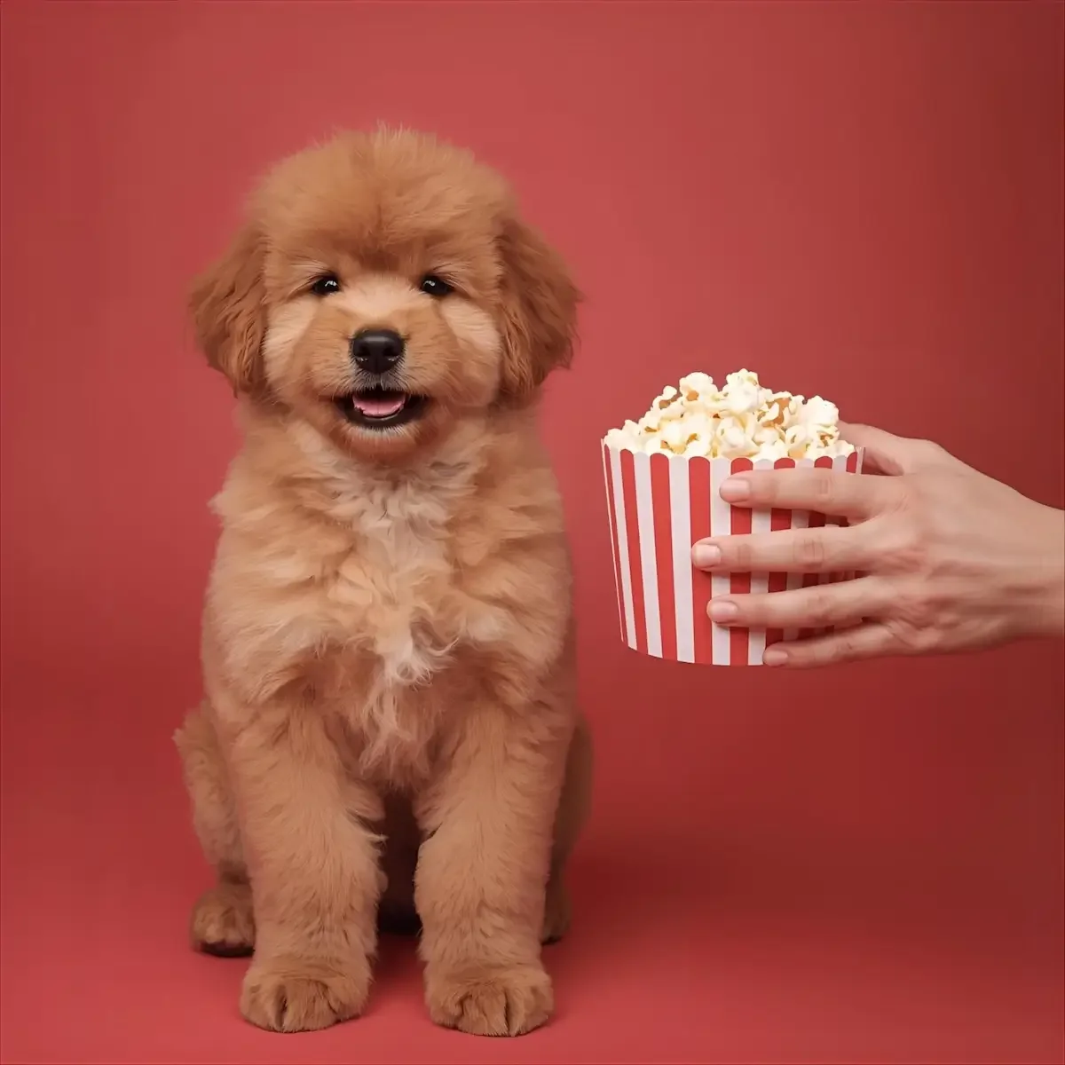 Ein flauschiger brauner Hund sitzt fröhlich an deiner Seite, die Augen fest auf deine Hand gerichtet, während du Popcorn darin hältst.