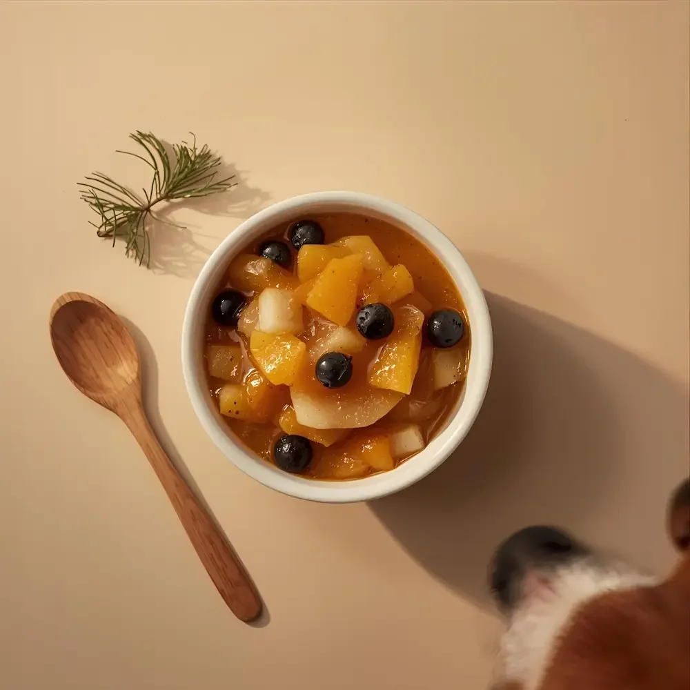 Hundefreundliches Weihnachts-Püree aus Apfel, Birne, Kürbis und Heidelbeeren in einer Schüssel, mit Holzlöffel und dezenter Winterdekoration, festlicher Snack für Hunde von Pet Tag Art.