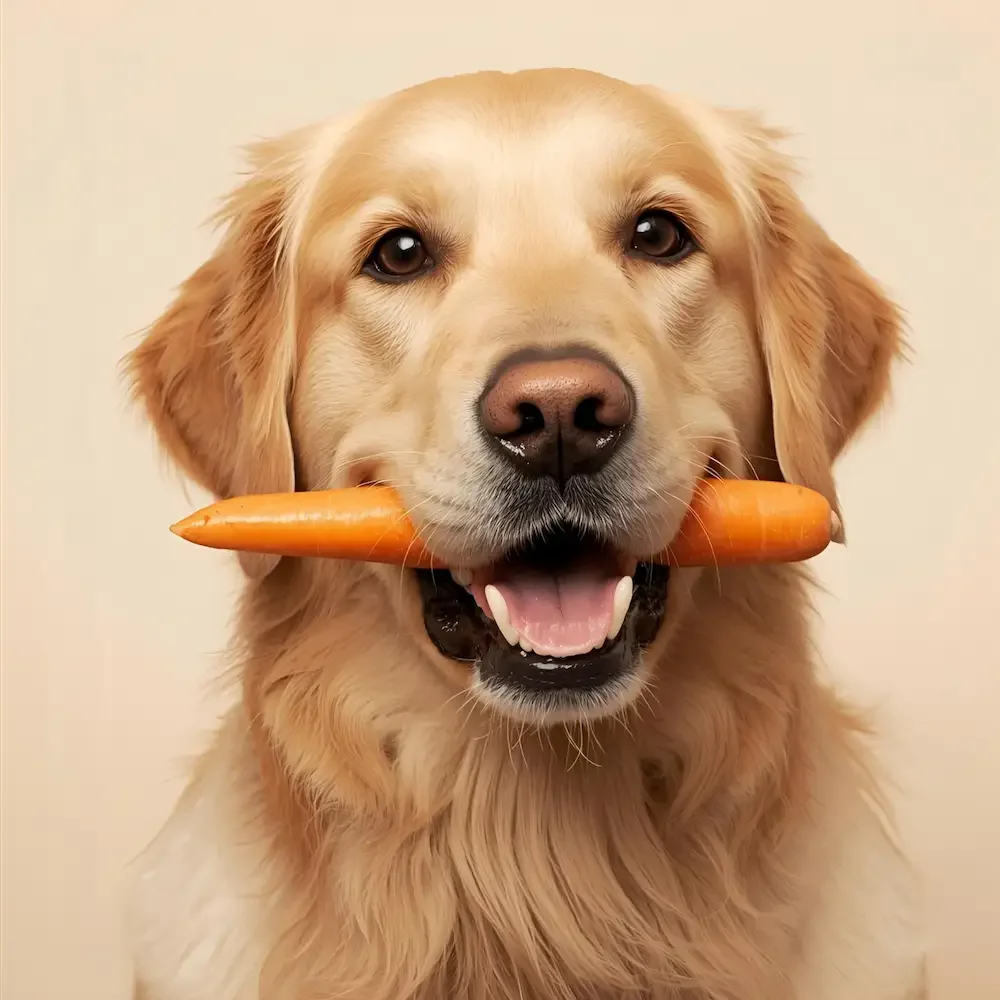 Golden Retriever hält eine Karotte im Maul; symbolisches Bild für die Frage „Dürfen Hunde Karotten essen?“ im Pet Tag Art Guide zu sicherem Obst und Gemüse für Hunde.