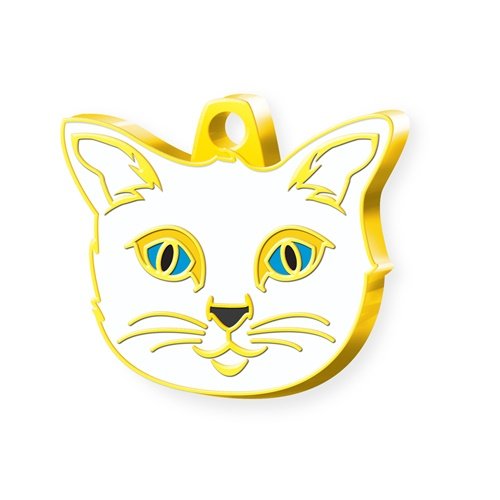 Anhänger in Gold, graviert, Edelstahl, Katzenmarke mit Namen & Telefonnummer.