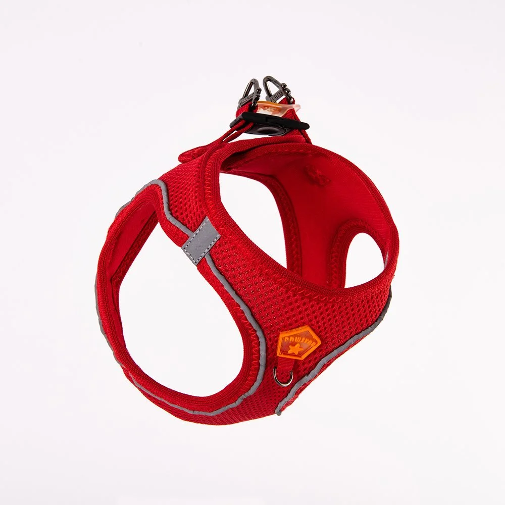 Seitenansicht: Hund trägt AirMesh Step-In Hundegeschirr in Rot mit Markenlogo, atmungsaktiv