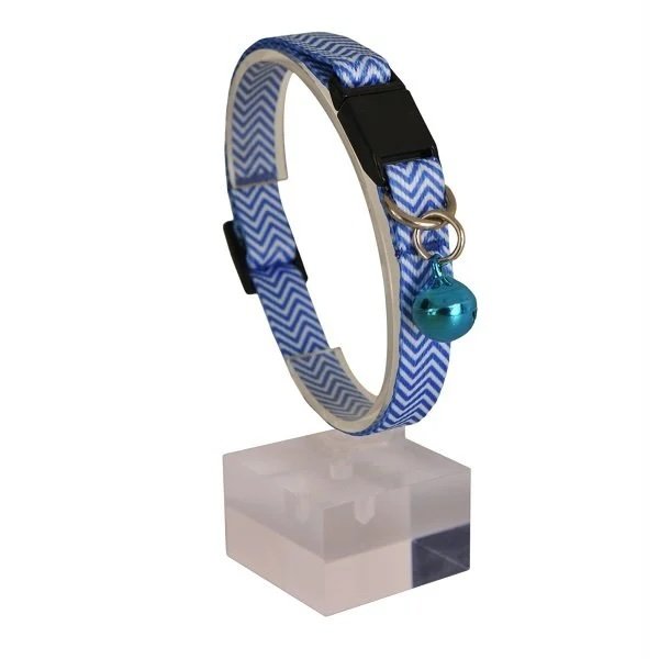 Katzenhalsband in Blau gestreift mit Glöckchen – verstellbar 20–30 cm mit Sicherheitsverschluss