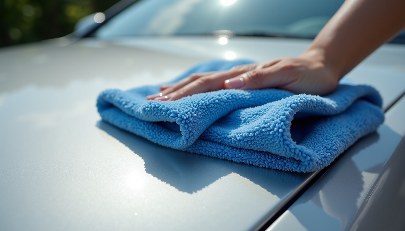 A person is polishing a silver car with a blue microfiber cloth.