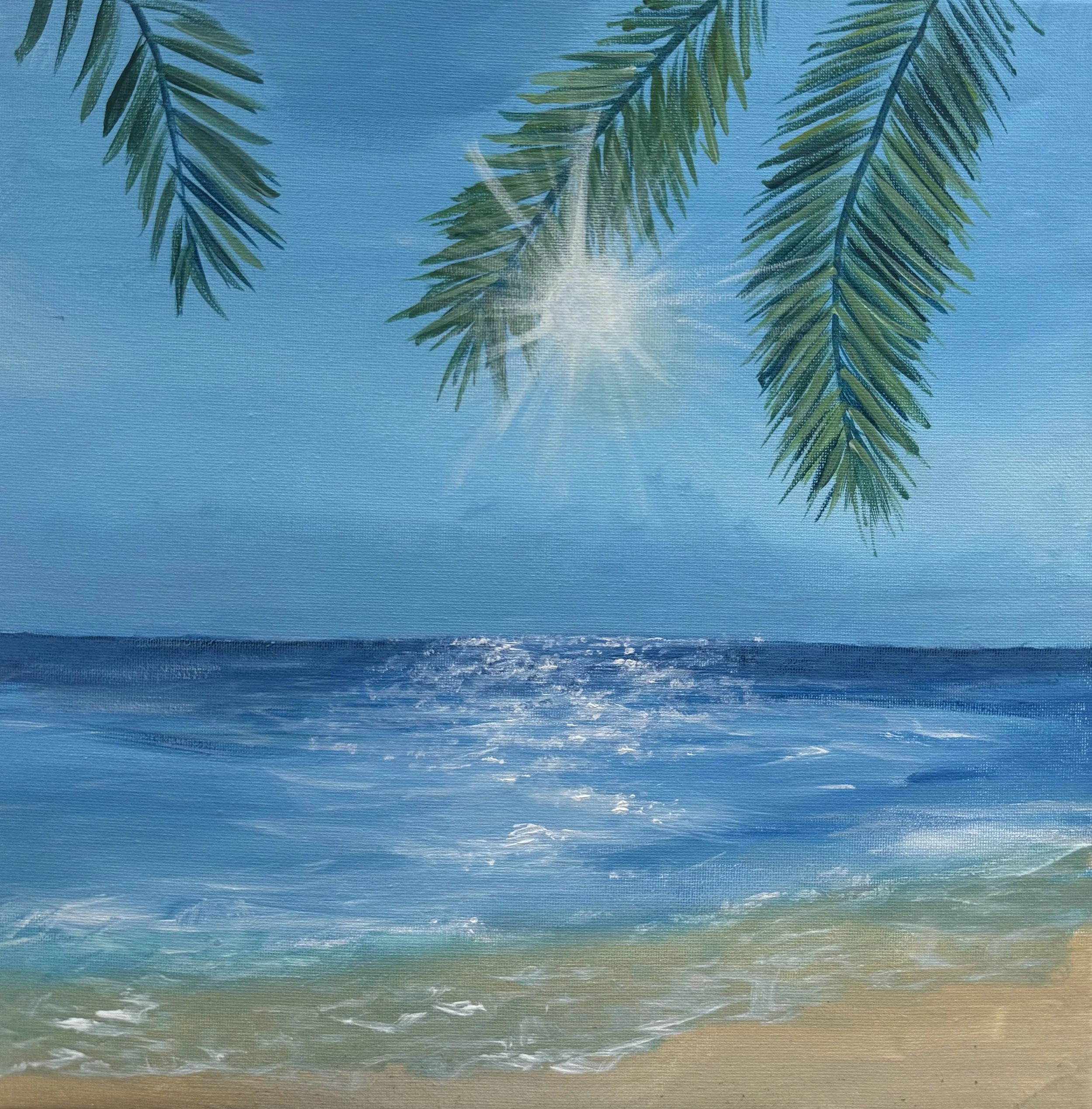 A hand-painted seascape with an ocean view, gentle waves, and a bright sky. Green palm leaves are hanging over the scene with sunlight shining through.