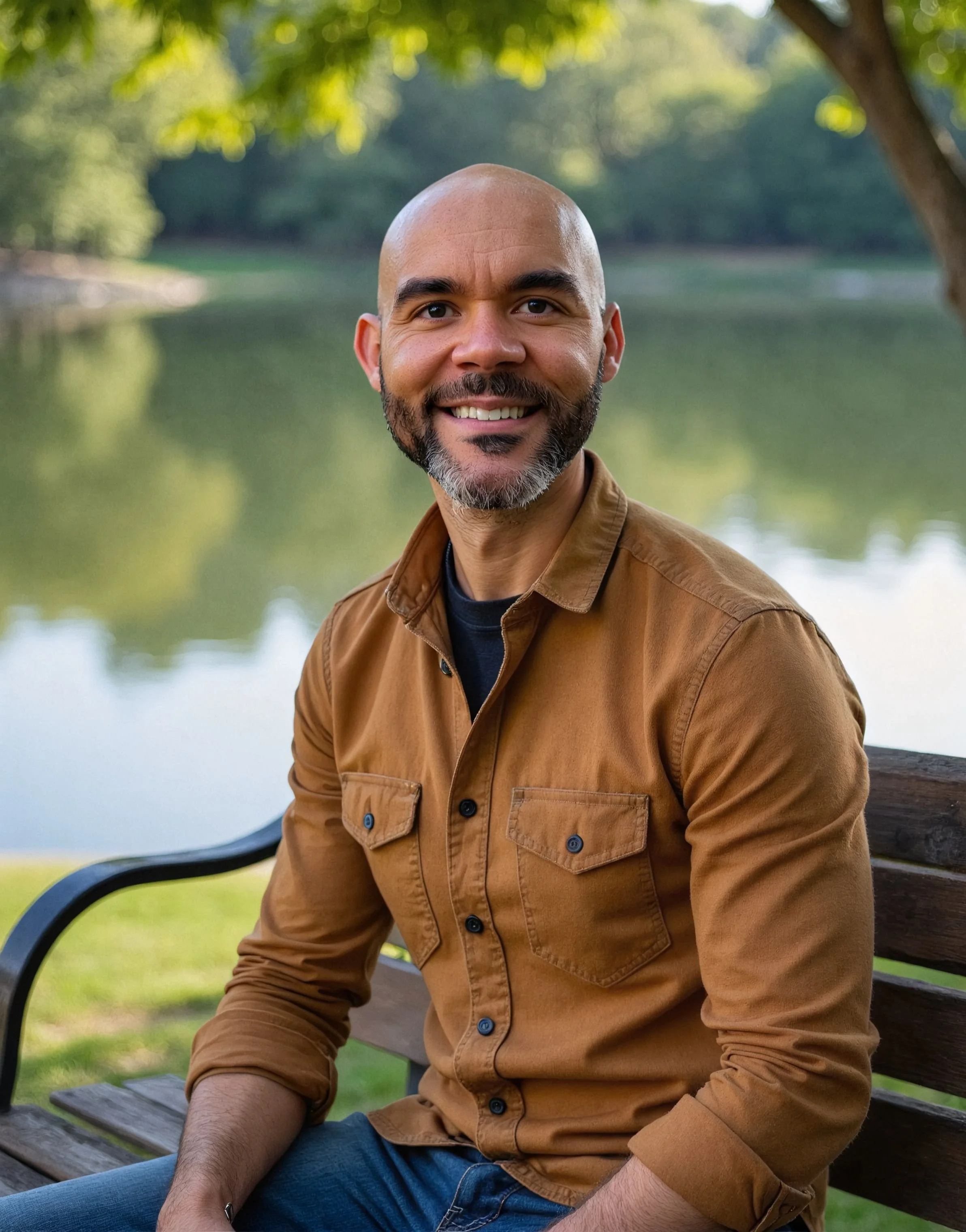 AI-generated portrait of Matthew-Sean Alexander seated outdoors beside a lake, wearing a warm tan overshirt.