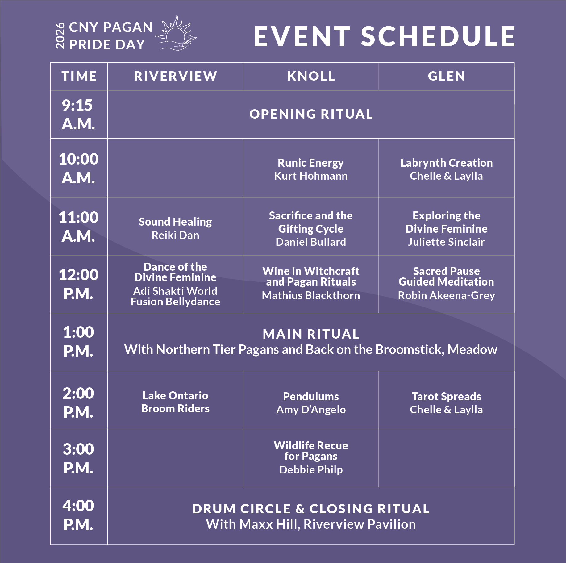 Grid timetable of events and workshops listed on this webpage.