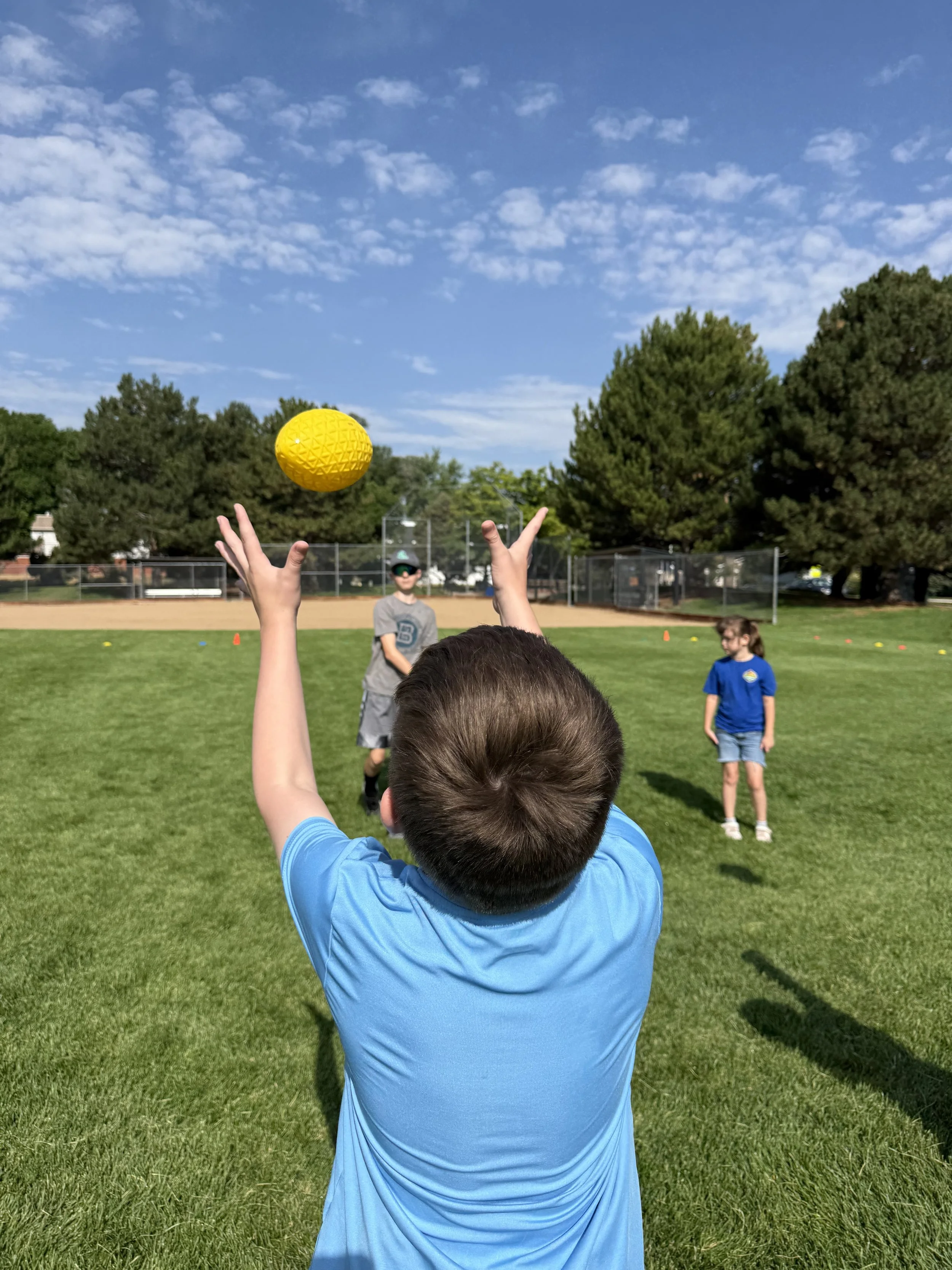 Children playing catch with a yellow ball on a grassy field with trees and a baseball diamond in the background.